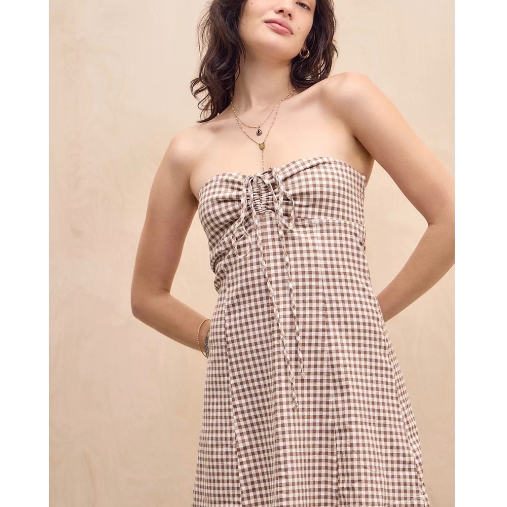 Kimchi Blue Brown Gingham Halter Mini Dress Smocked Back L